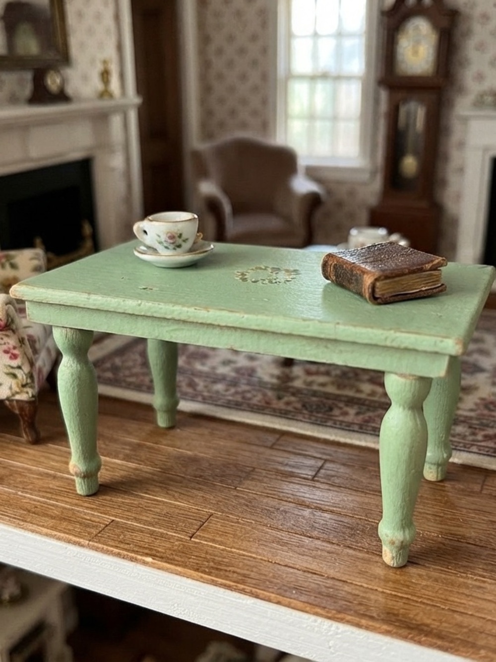 Rustic, vintage dollhouse Green Wooden Pedestal Table-distressed